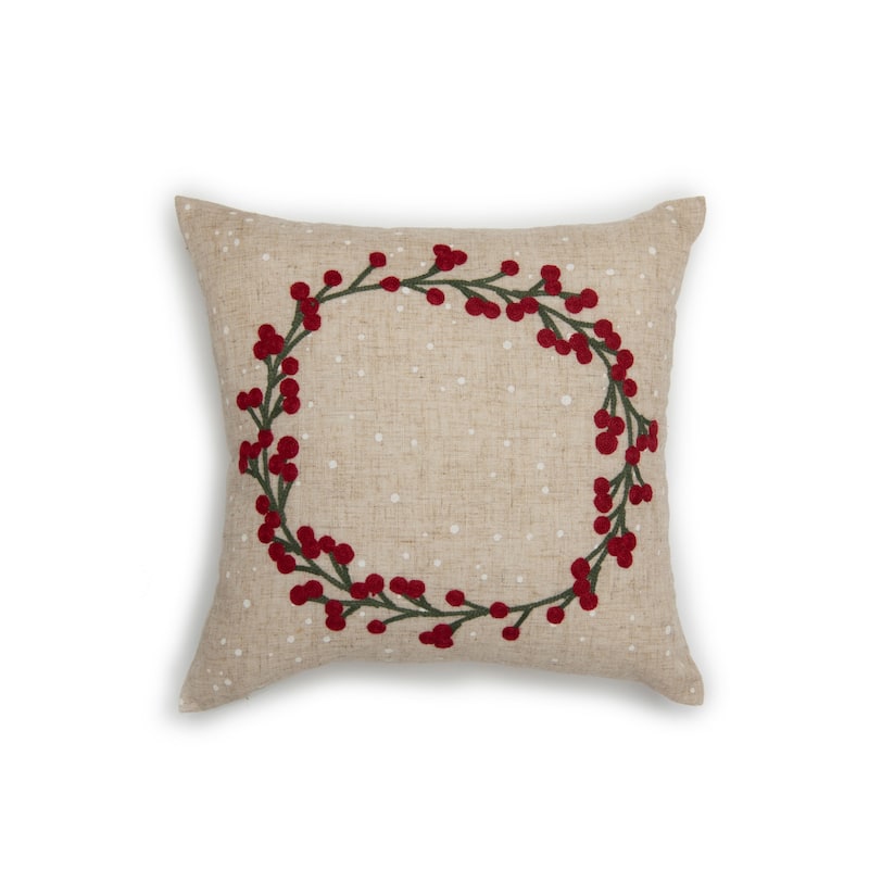14" X 14" Beige and Red Christmas Wreath Linen Blend Zippered Pillow With Embroidery