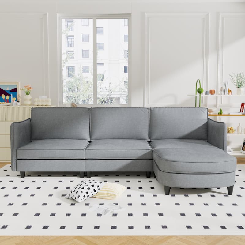 107.8'' 3 Seater L-Shaped Grey Fabric Sofa with Movable Ottoman & Arm Pockets