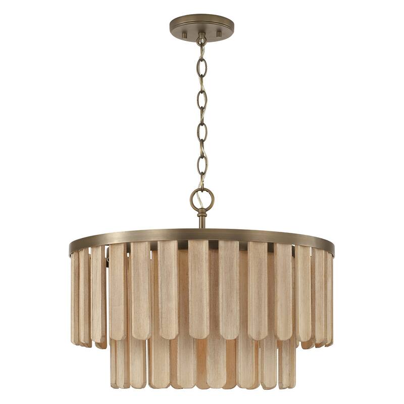 20" W x 14" H 1-Light Dual Mount Pendant in Dark Brass with Handcrafted Mango Wood in Nordic Grey Stain - 20"W x 15.5"H