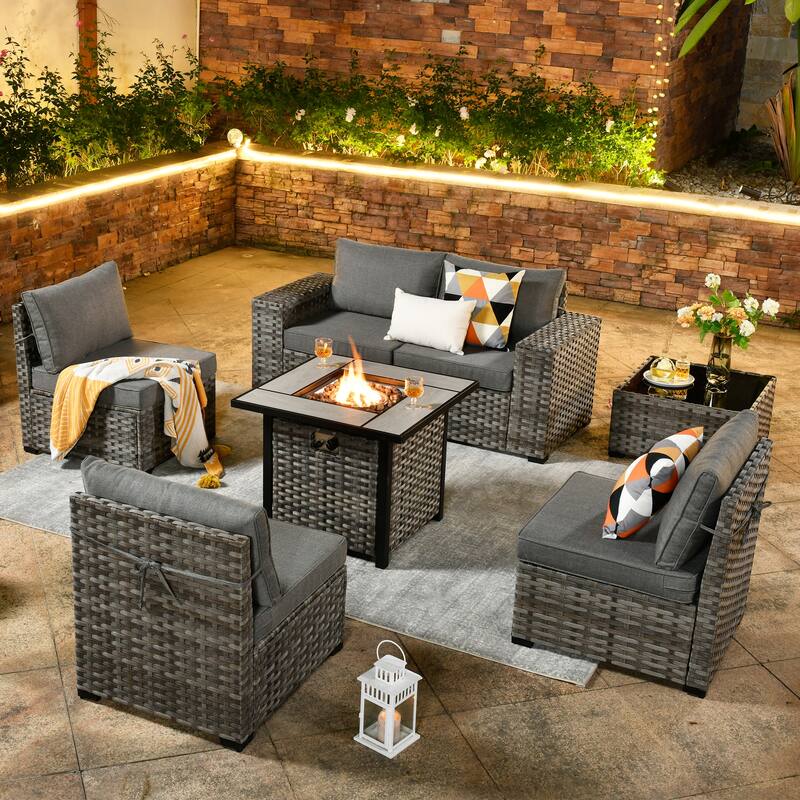 OVIOS Patio Wicker Furniture Wide Arm 7-piece Fire Pit Set with Table - Grey