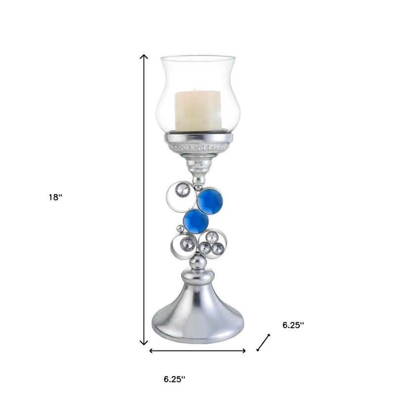HomeRoots 18" Silver and Blue Faux Crystal Bling Hurricane Candle Holder - 8