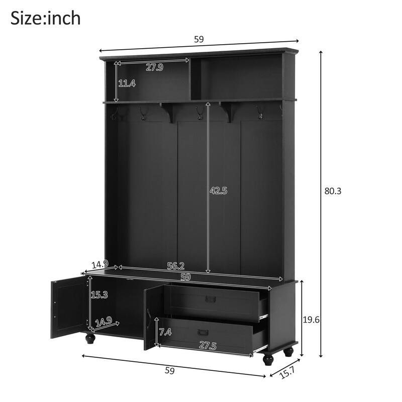 59"W Hall Tree Bench with 5 Coat Hooks,Storage Cabinet and 2 Large Drawers