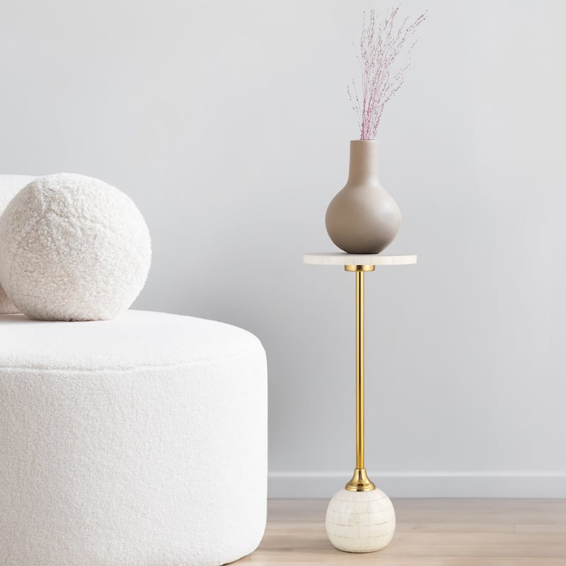 Blanche 26" Metal/Resin Mosaic Pedestal Drink Table, by JONATHAN Y - Cream/Gold - Plastic