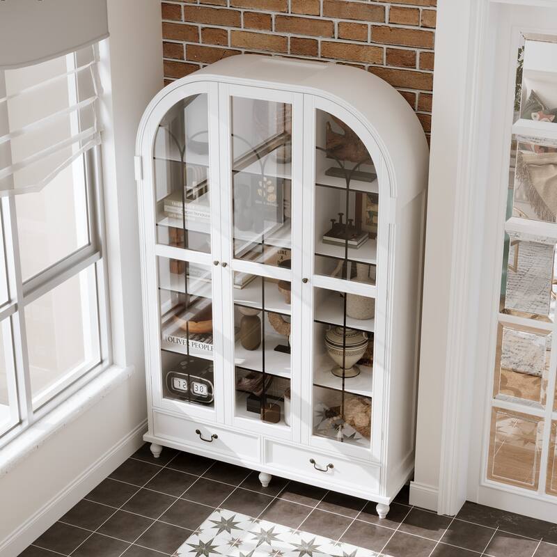 Glass Door Display Cabinet with Storage DrawersBookcase with Wooden Legs