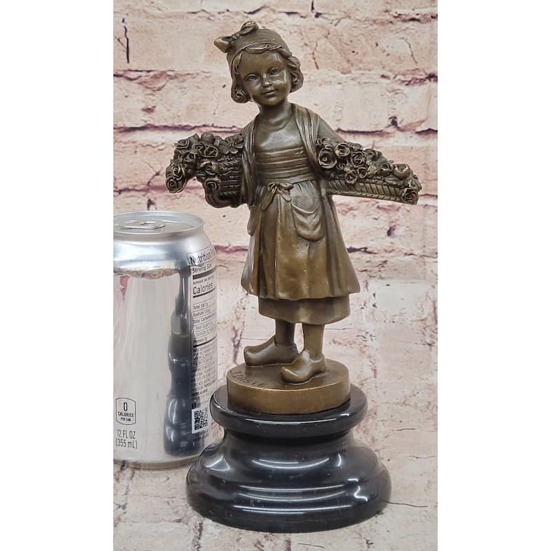 Young Girl Carrying Flower Basket - Bronze Sculpture By Daste