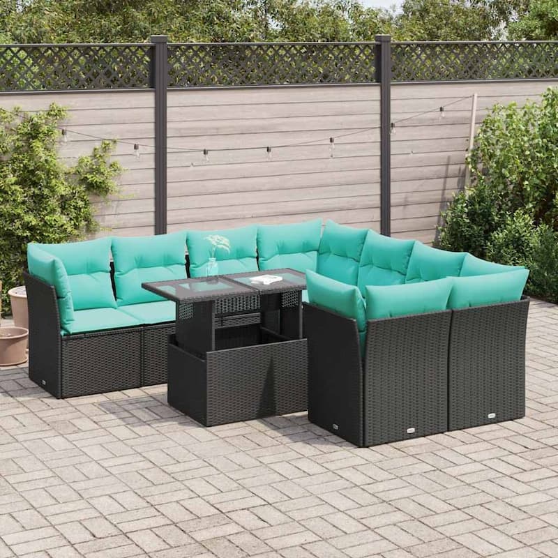 vidaXL Patio Sofa Set with Cushions Modular Outdoor Seating 9 Piece Poly Rattan - 24.4 x 24.4 x 27.2