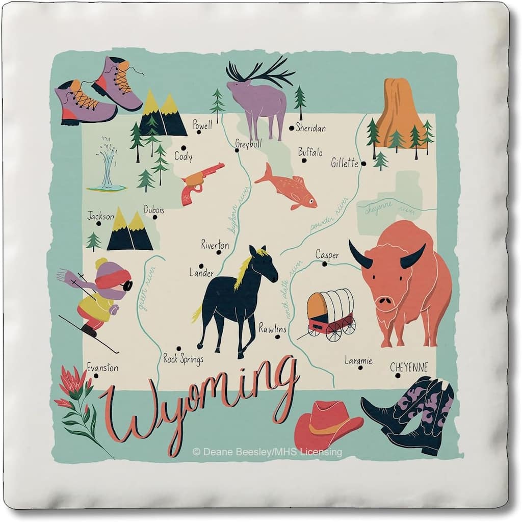 Wyoming 4-Pack Absorbent Stone Coasters with Protective Cork Backing 4" Square Made in The USA Artistic Easily Wipes Clean