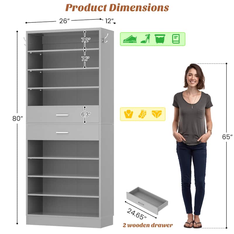 9-Tier Shoe Cabinet with 2 Drawers, Freestanding Closet Organizer with Adjustable Storage Shelves