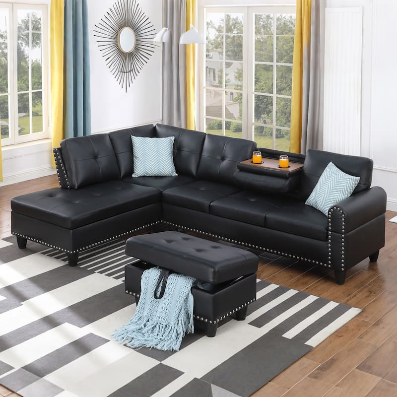 HOMEFUN Linen/Leather Upholstered L-Shaped 4-seater Multifunctional Sectional Sofa with Storage Ottoman,Cup Holder - Black-Leather
