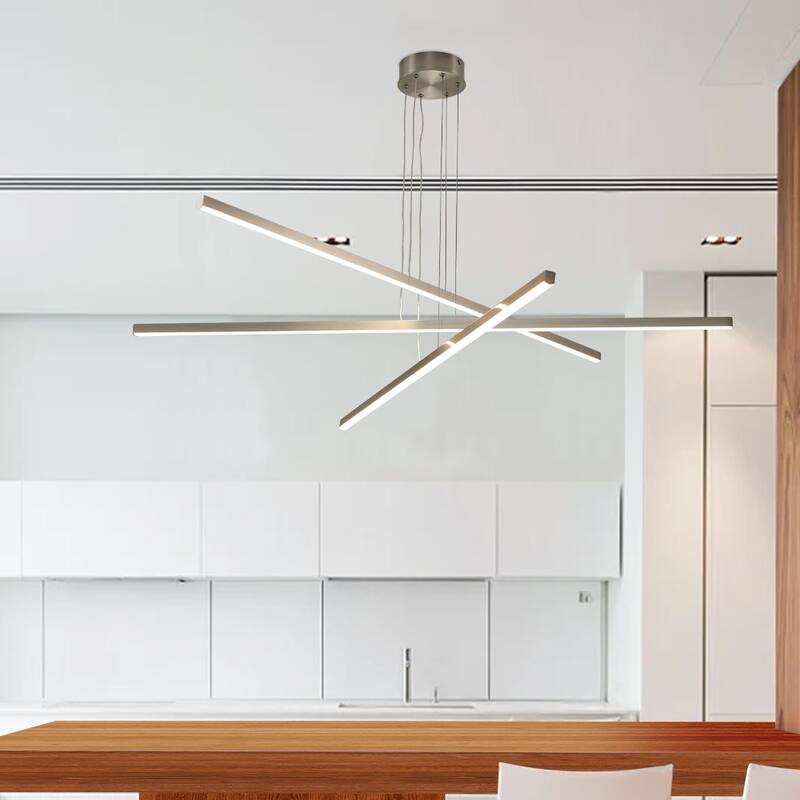 48-Inch Modern LED Chandelier ， Adjustable 3-Arm Geometric Design, Energy-Efficient & Sleek Metal Finish - Chrome
