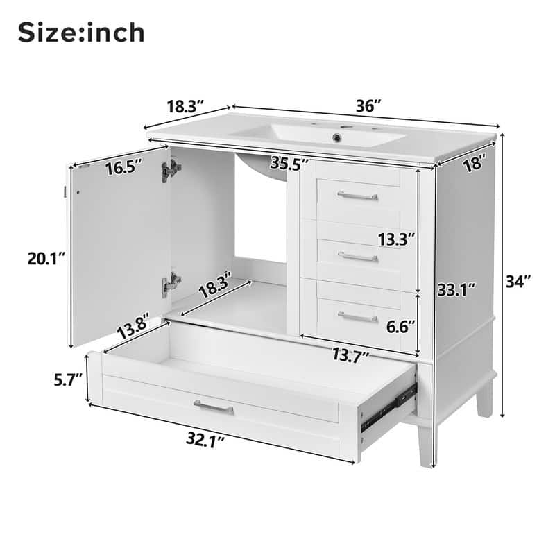 Contemporary 36-inch White Bathroom Vanity Cabinet with a Sturdy Pine Frame, 1 Soft Close Door and 3 Drawers.