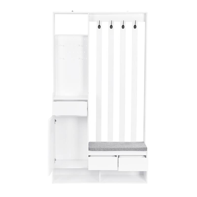 Roomfitters Modern Hall Tree with Storage Bench, Multifunctional Mudroom Cabinet with Pegboard and 4 Hooks
