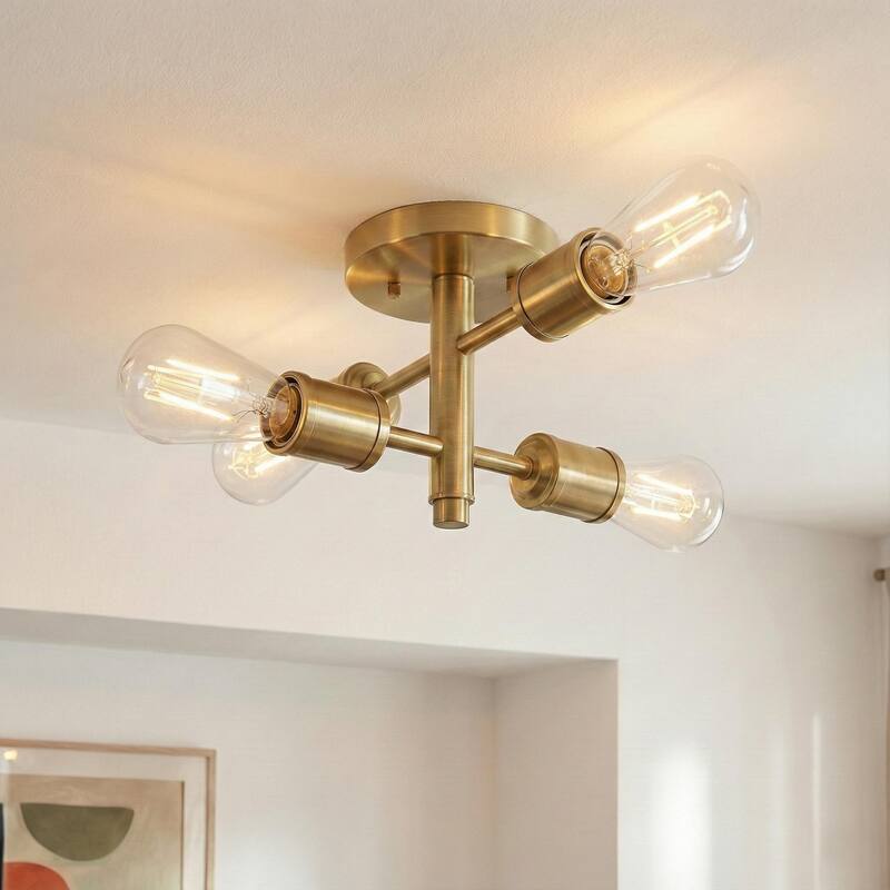 Raleni Retro 4-Light Semi-Flush Mount Ceiling Fixture - Gold Brass - Gold Brass