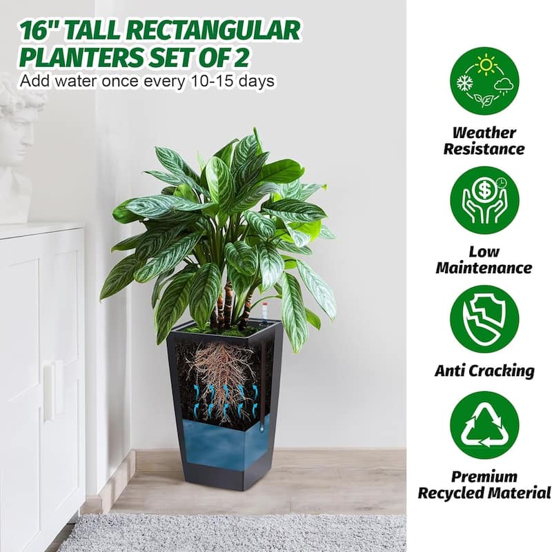 2-Pack 16-Inch Tall Planters with Drainage Holes Water Level Monitor and Inner Bucket Black