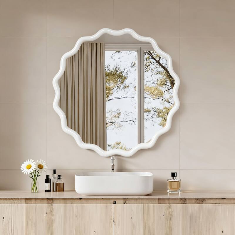 GDFStudio - Primeva Organic Wavy Round Solid Wood Decorative Wall Mirror with Sculptural Frame Design