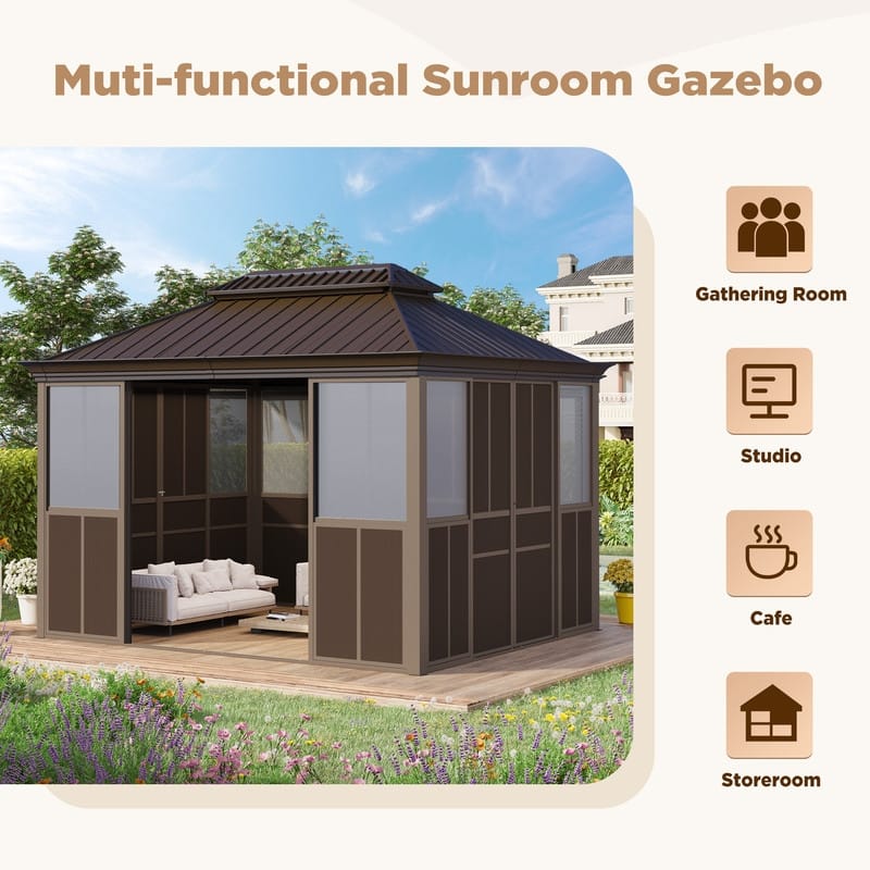 Hardtop Sunroom with Double Steel Roof, Sliding/Lockable Doors & Screens - All-Season Rustproof Aluminum Frame,Advanced Drainage