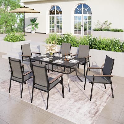 MAISON ARTS 7 PCS Patio Dining Set, 6 x Aluminium Textilene Dining Chairs and 1 Metal Table with 2.6" Umbrella Hole