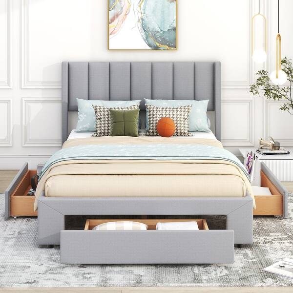 slide 2 of 17, Full Size Upholstered Platform Bed with Headboard,Storage Drawers in Footboard Gray