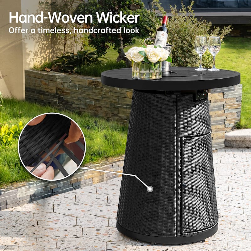 31.5" Wicker Propane Bar Height Fire Pit Table, 40,000 BTU Outdoor Round Gas Fire Table with Fire Glass Stone