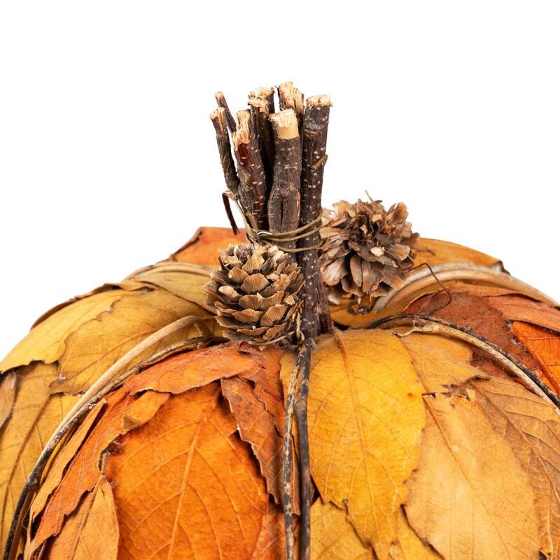 Layered Leaves and Twigs Fall Harvest Pumpkin with Pinecones - 7.5" - Orange