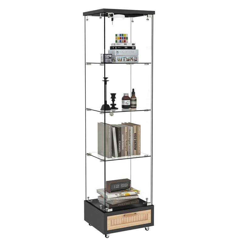 Glass Display Cabinet With Drawer,Cabinet With Led Lights,Tempered Glass Bookshelf, 1-Door Storage Case With 4 Shelves