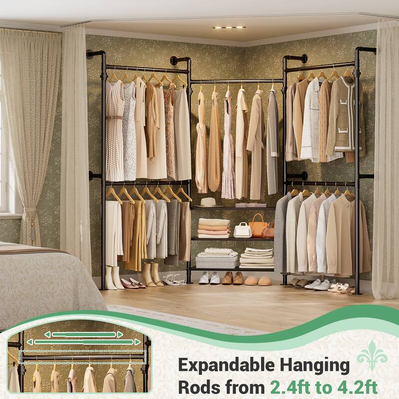 Industrial Pipe Garment Rack with Expandable Hanging Rods and Shelves,Reversible Walk-in Closet Organizer System Clothing Rack