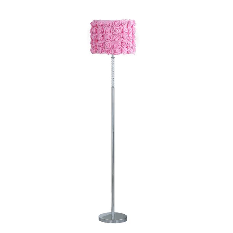 Silver Steel Novelty Floor Lamp with Rose Drum Shade and In Line Switch - 14” x 14” x 63” (D x W x H) - Pink