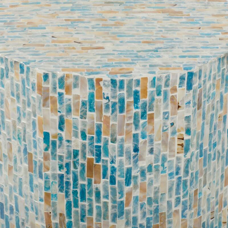 Blue Mother of Pearl Shell Handmade Mosaic Inlay Drum Accent Table
