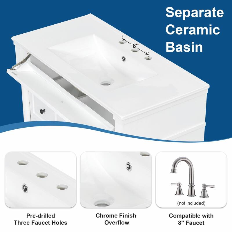 36" Bathroom Vanity with Sink, Freestanding Bathroom Cabinet with Ceramic Basin, Flip Drawer