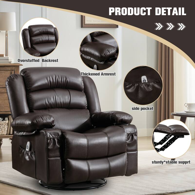 Recliner Chair with Massage & Heat, PU Leather Swivel Recliner, Electric Recliner with Side Pocket 2 Cup Holders & USB Port