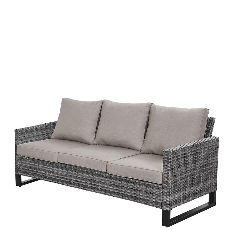Gymojoy 3-Seat Outdoor Sofa, All-Weather PE Wicker - 1-Piece - Grey Wicker / Grey Cusion
