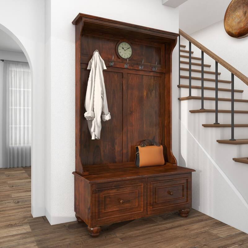 Brown Wood Large Tall Bench Storage 5 Hook and 2 Drawer Freestanding Coat Rack with Cream Clock