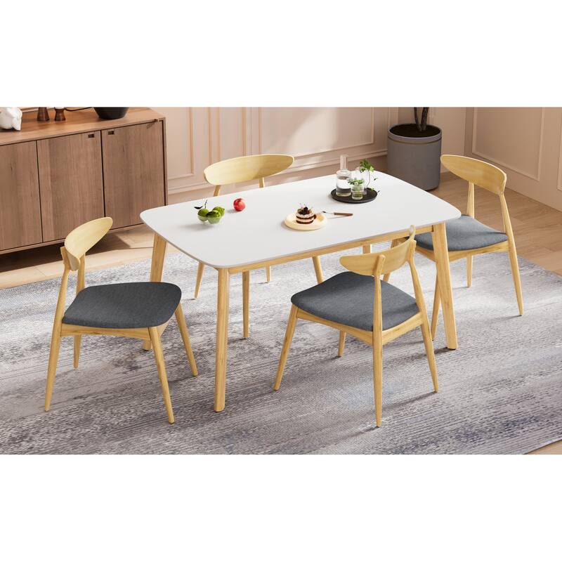 Roomfitters 5-Piece Scandinavian Dining Set, 59" White Oak Table with 4 Ergonomic Beige Upholstered Chairs