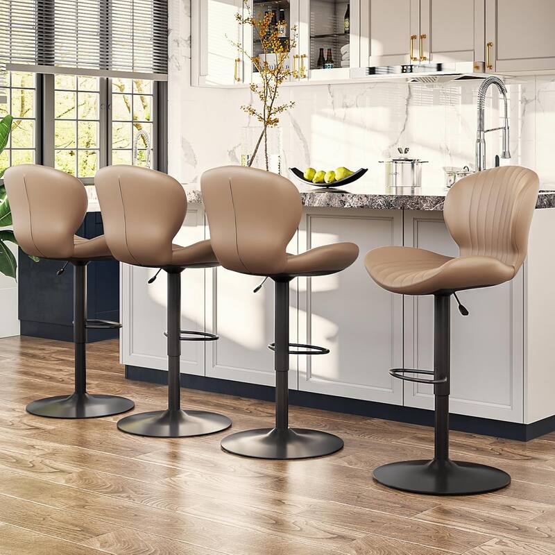 BOSSIN Set of 2 Modern Adjustable Bar Stools, Faux Leather Upholstered Swivel Counter Stools - 16.5"D x 19.6"W x 46.9"H