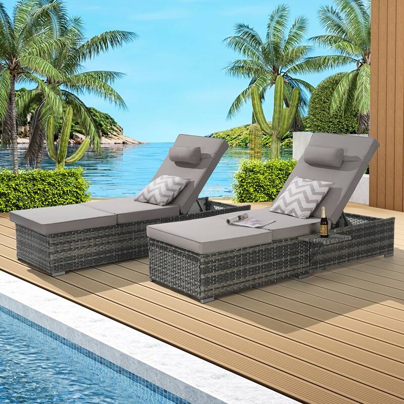 Outdoor Chaise Lounge Chair Set of 2 with Storage - Light Gray