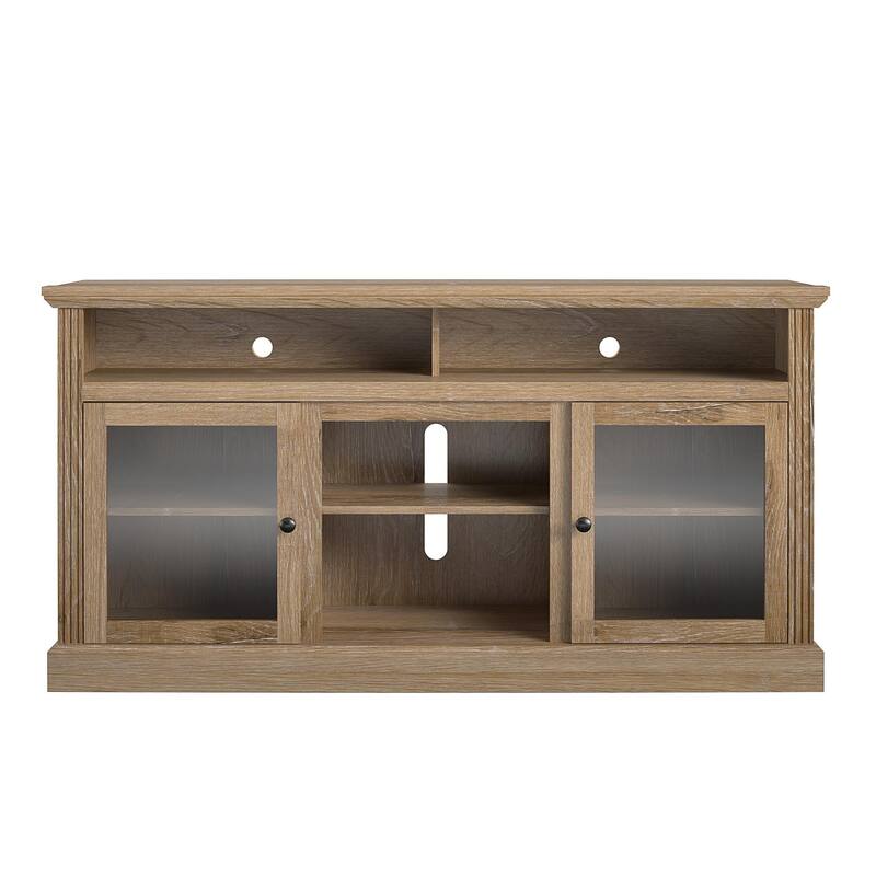 Roomfitters Chicago TV Stand for TVs up to 65 Inches with Glass Cabinet Doors, Natural Woodgrain Finish