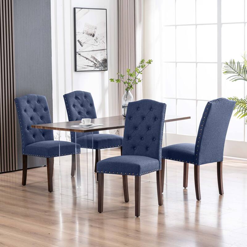 Fabric Upholstered Tufted High Back Dining Chairs with Nailhead Trim - Set of 4 - Dark Blue