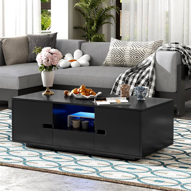 High Glossy Coffee Table with 16 Color LED Lights - Black