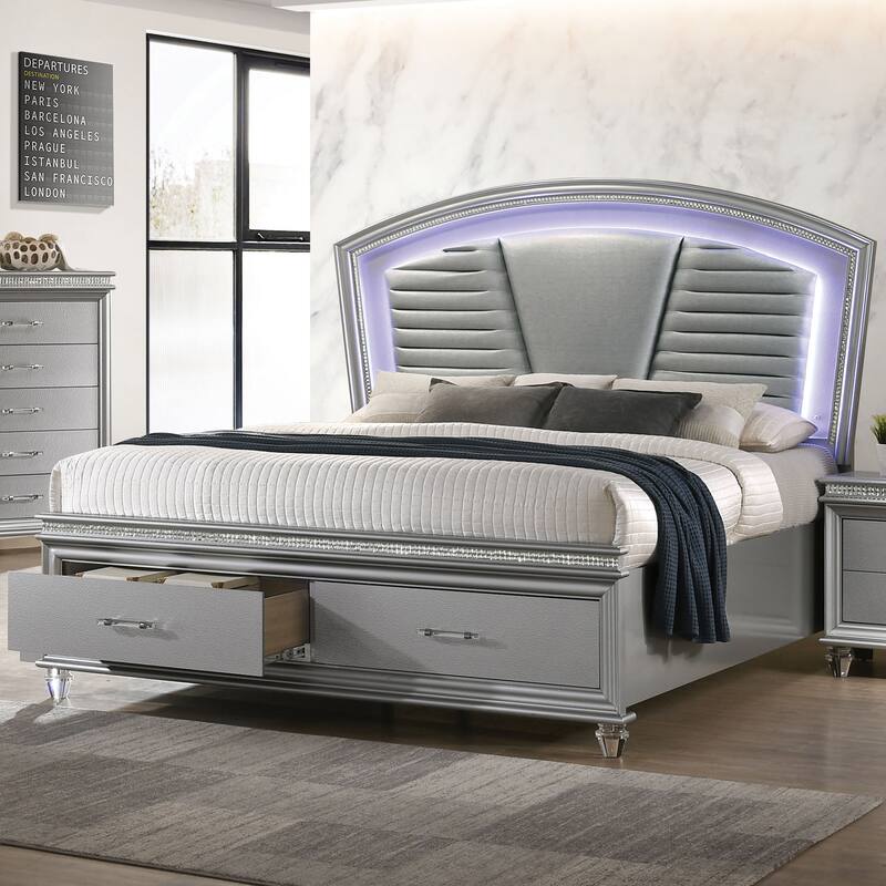 Xian Contemporary Wood Faux Leather Upholstered Tufted Storage Platform Bed with LED by Furniture of America - Silver - California King