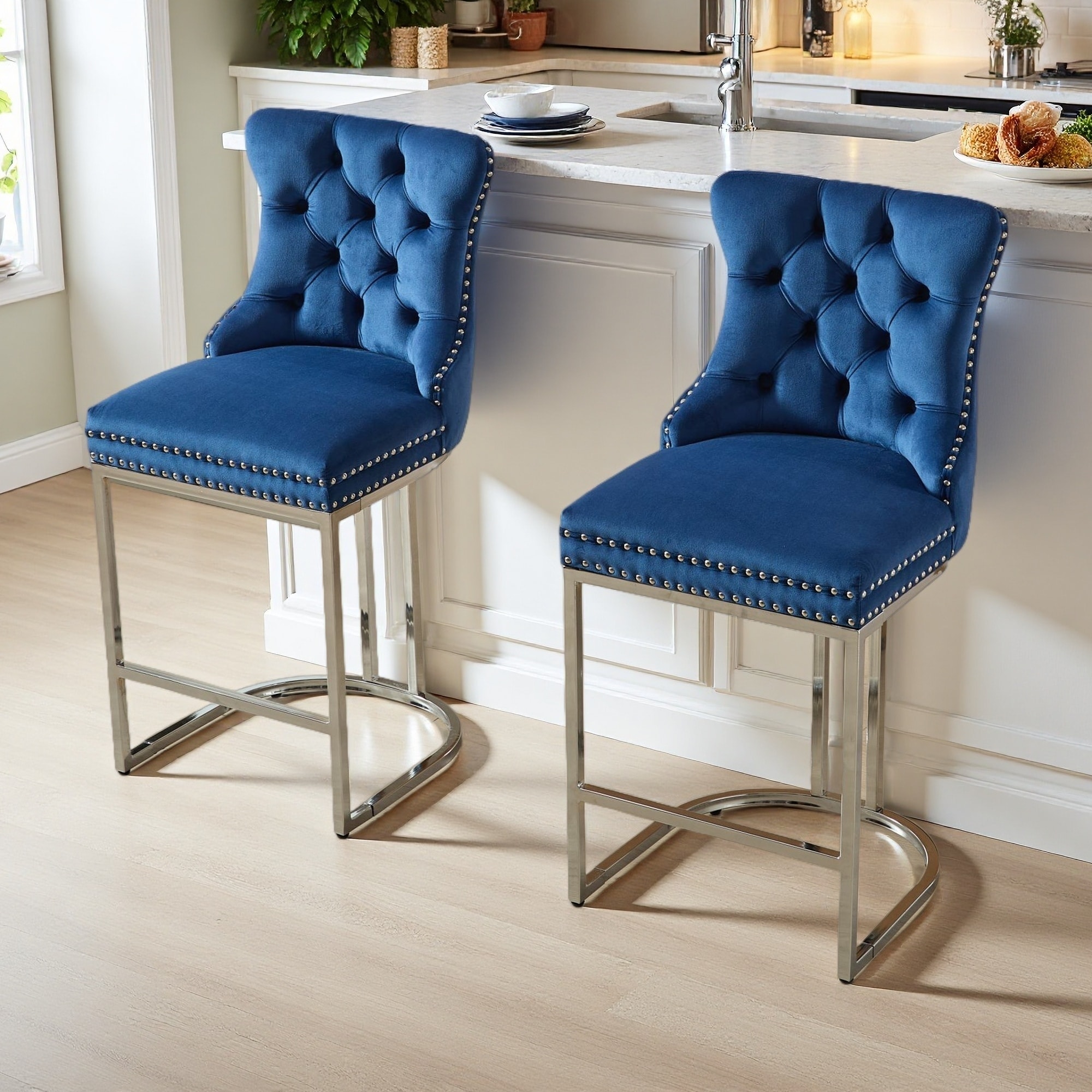 38.32"H Set of 2 Velvet Upholstered Bar Stools with Button Tufted High Back & Rivet Trim-Wingback Design, Chrome Metal Legs