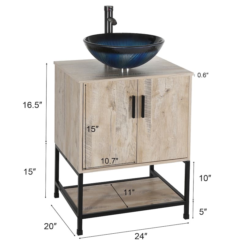24" Bathroom Vanity Sink Combo Oak Cabinet Vanity Tempered Glass/Ceramic Sink