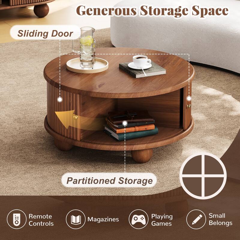 Round Coffee Table with Storage, 31.8" Modern Coffee Table with Sliding Door & Solid Wood Legs, Minimalist Center Table