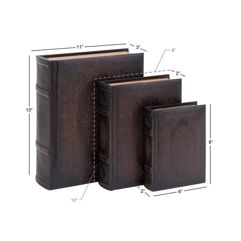 Dark Brown Wooden Faux Storage Book Decorative Box with Faux Leather Detailing (Set of 3)
