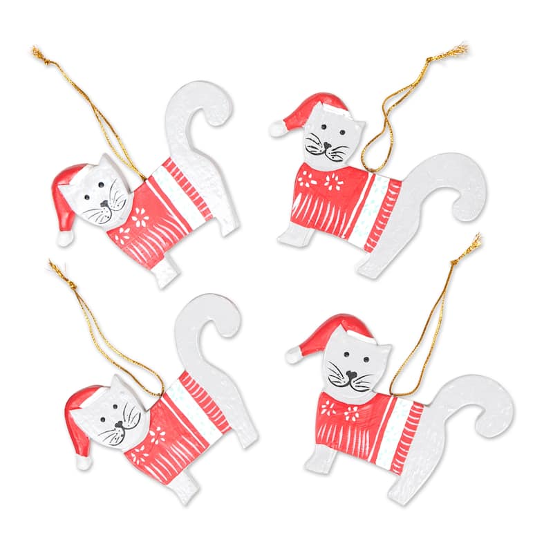 Novica Handmade Santa Felines Wood Holiday Ornaments (Set Of 4)