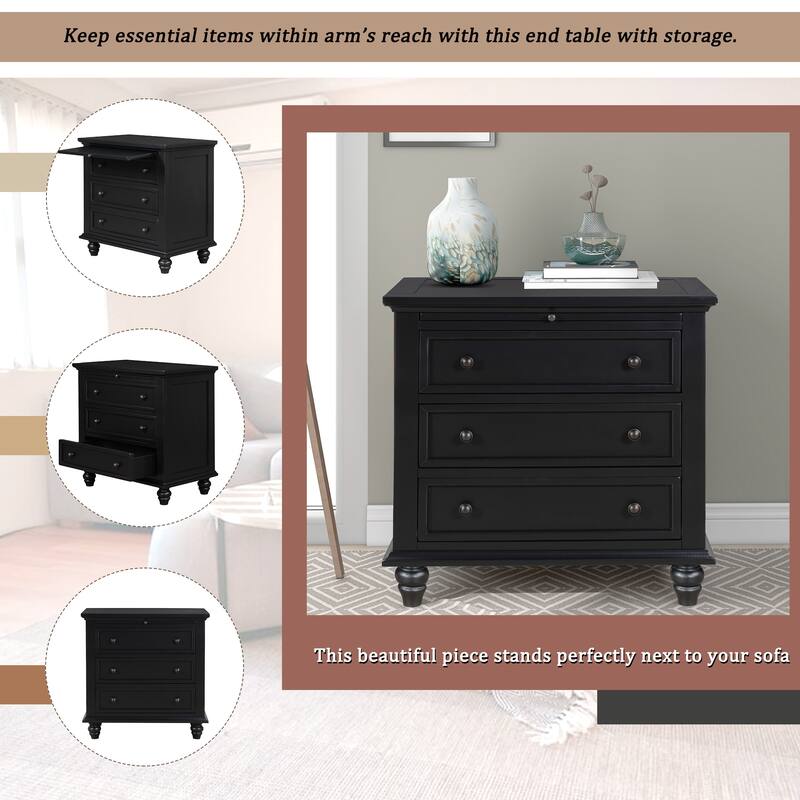 3-Drawer Storage Wood Cabinet, End Table with Pull out Tray