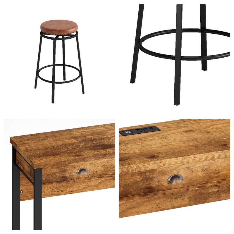 Long Dining Table Set w/Power Outlets,Bar Kitchen Table Set w/Stools