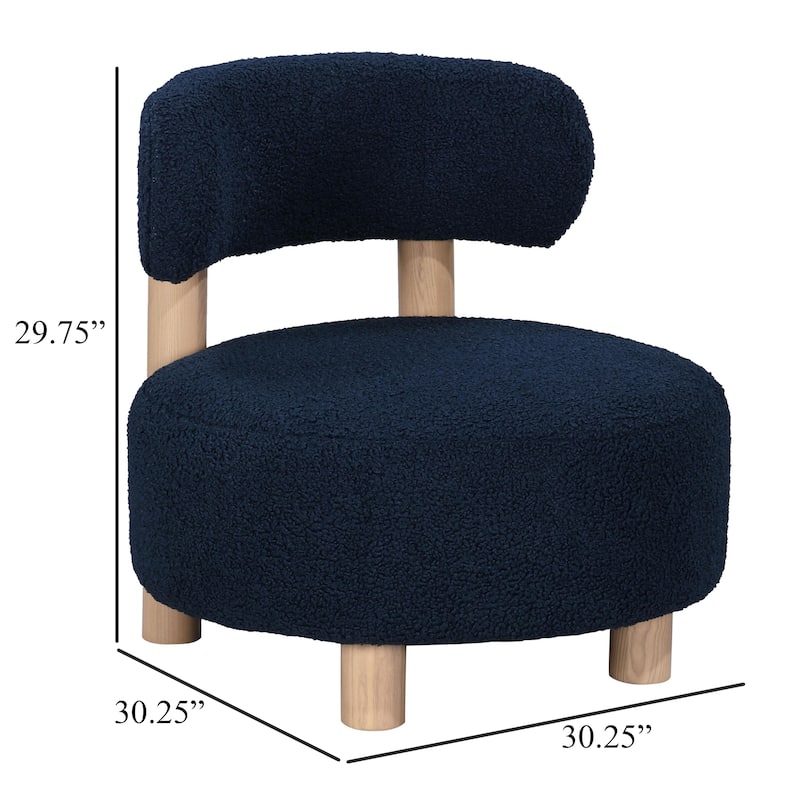 Zona Accent Chair, Barrel Back, Navy Blue Boucle Fabric and Brown Wood