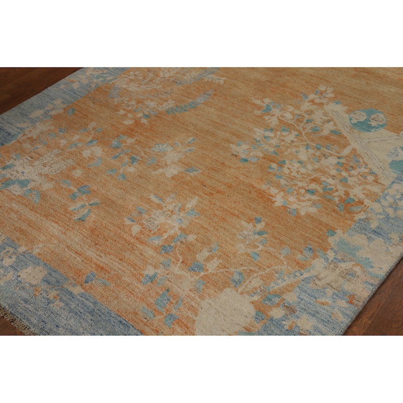 Vegetable Dye Orange Art Deco Turkish Rug Hand-Knotted Wool Carpet - 4'10"x 6'8"
