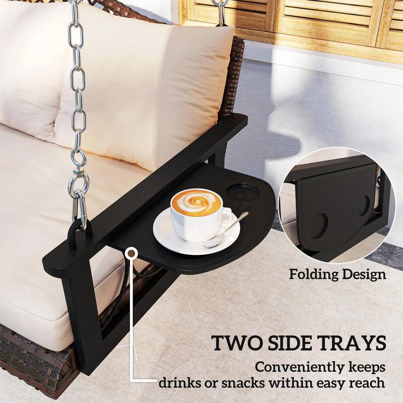 3-Person Wicker Porch Swing, Cushions, Cup Holders, Hanging Chains