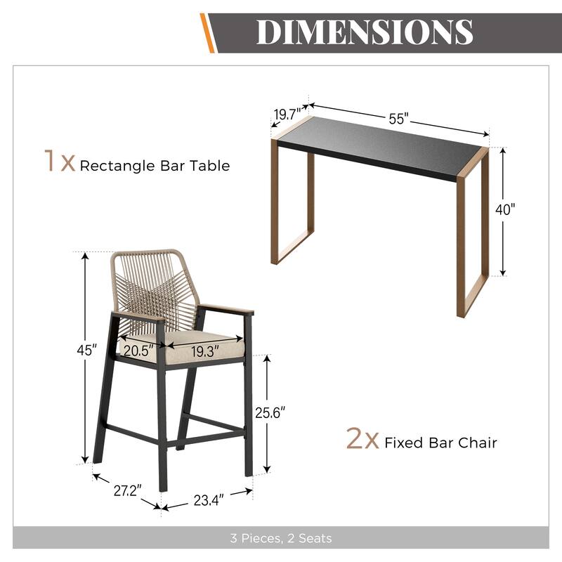 Outdoor Patio 3-piece Bar Counter Height Stool Bistro Set with Table for Backyard, Deck, Porch
